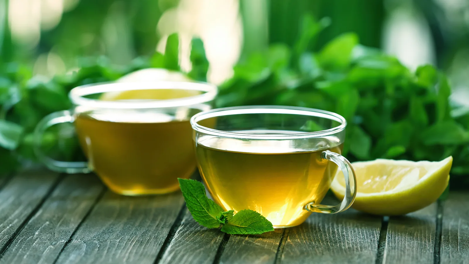 木のテーブルに置かれた緑茶とミント、レモン。ひと息つく休息のイメージ。